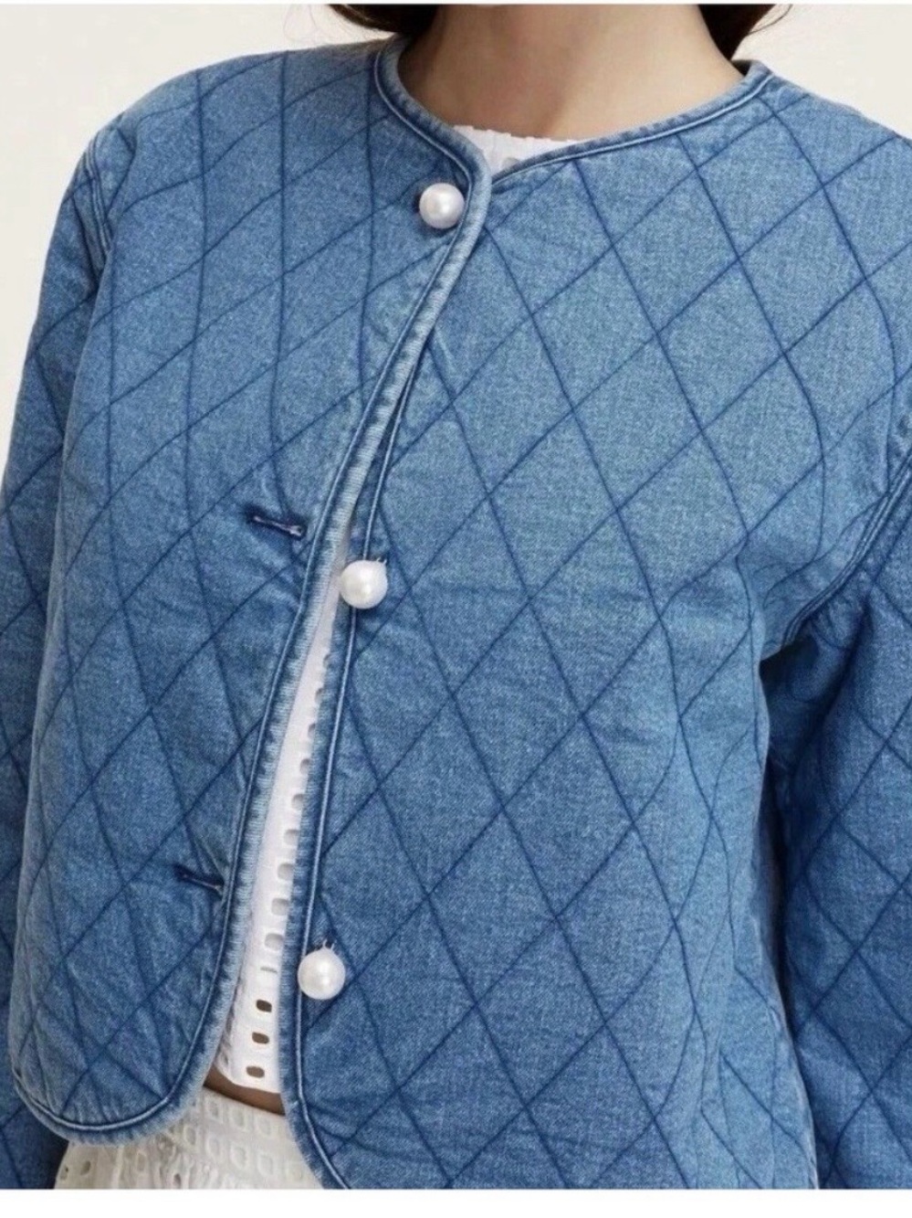 kate spade Quilted Denim Jacket with Pearl Buttons